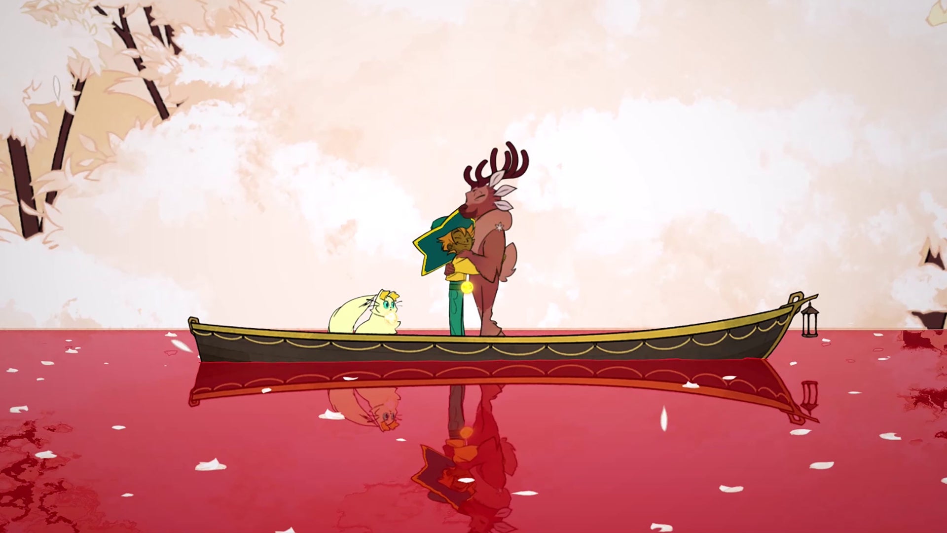 Hugging a spirit and saying goodbye on the red lake in Spiritfarer