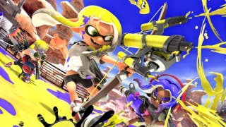 Splatoon 3 cover art showing several player characters spraying ink in battle.