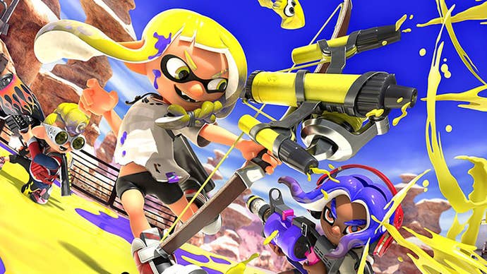 Yellow and Blue Splatoon kids battling with splatters of paint everywhere
