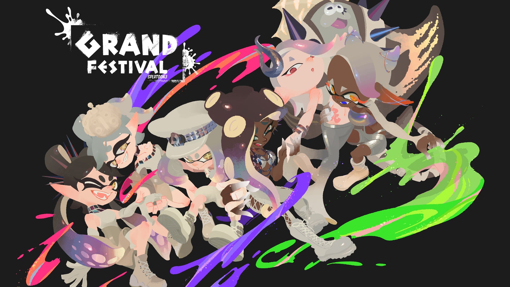 Splatoon 3 key art for the Grand Festival Splatfest showing the musicians from every Splatoon game all together. - 1