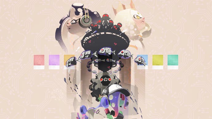 Artwork of Splatoon 3 Side Order DLC featuring watercolour style collage of characters and strange tower