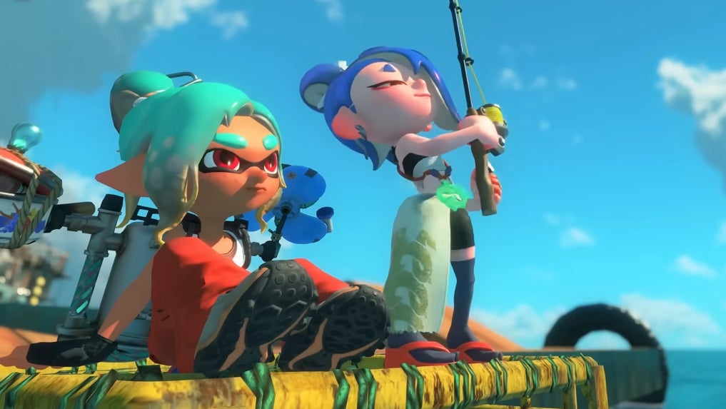 Splatoon Raiders screenshot from a trailer showing two inklings fishing against a blue sky
