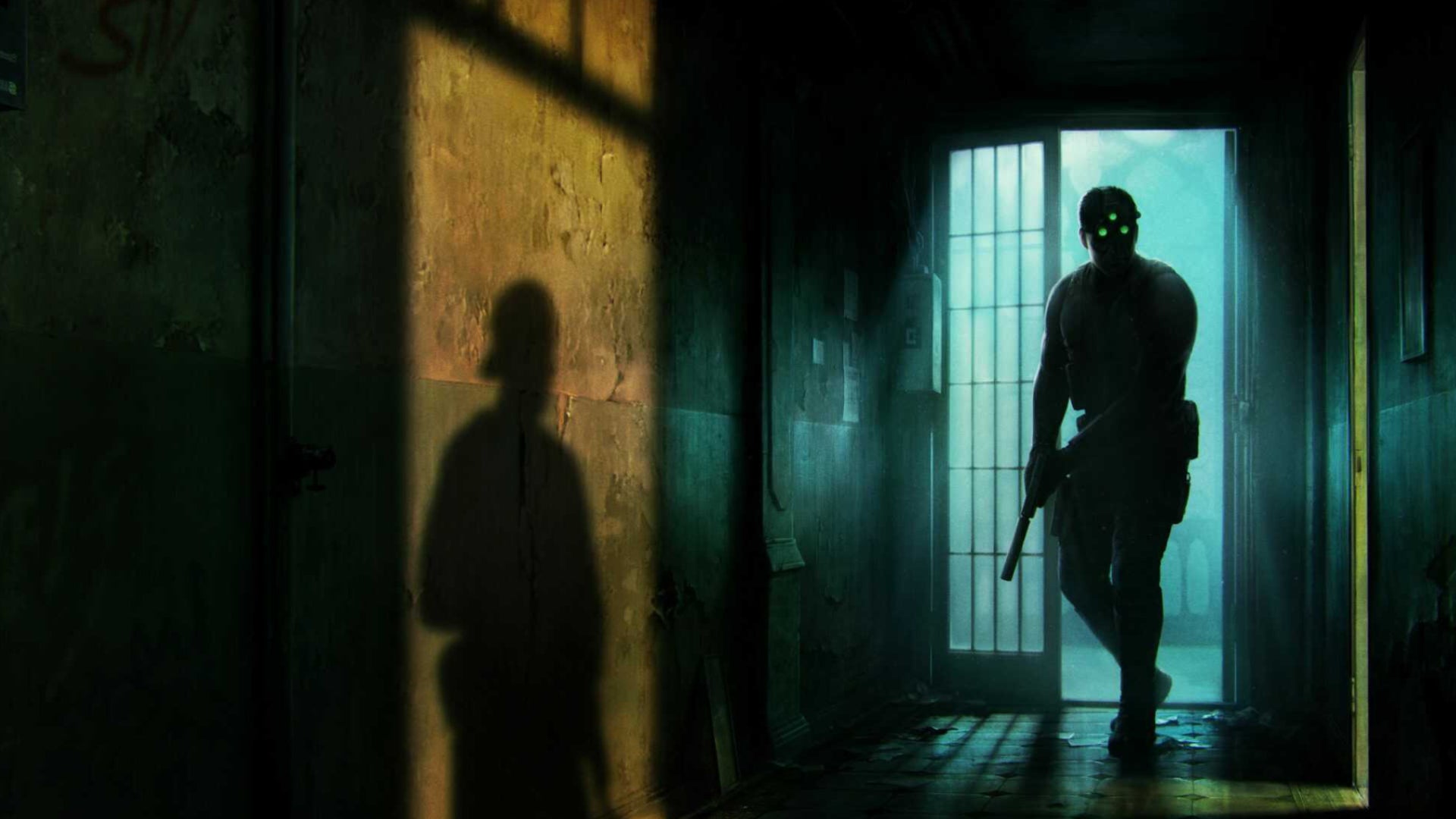 Sam Fisher sneaking into a building as a shadow looms in the Splinter Cell remake. - 1