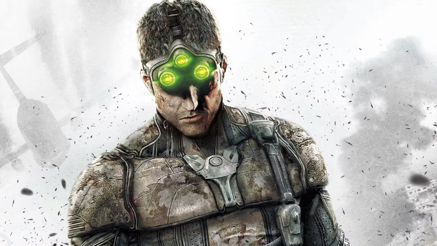 Key art of Sam Fisher from Splinter Cell, he is wearing tactical espionage gear, with goggles on his head with three glowing lights attached. - 1
