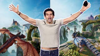 A composite image showing a photo of Split Fiction director Josef Fares with his arms outstretched, overlaid onto an in-game image of two players on dragons flying through a fantasy world.