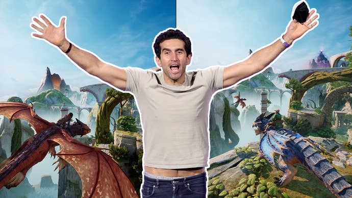 A photo of Split Fiction director Josef Fares with his arms outstretched, overlaid onto an in-game image of two players on dragons flying through a fantasy world.