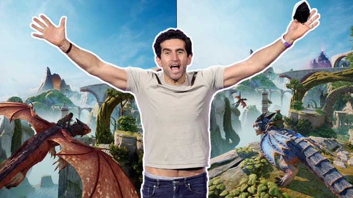 A photo of Split Fiction director Josef Fares with his arms outstretched, overlaid onto an in-game image of two players on dragons flying through a fantasy world.