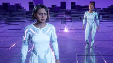 Two female characters in sci-fi white bodysuits stand in a shiny purple cubic loading area and look towards the camera.