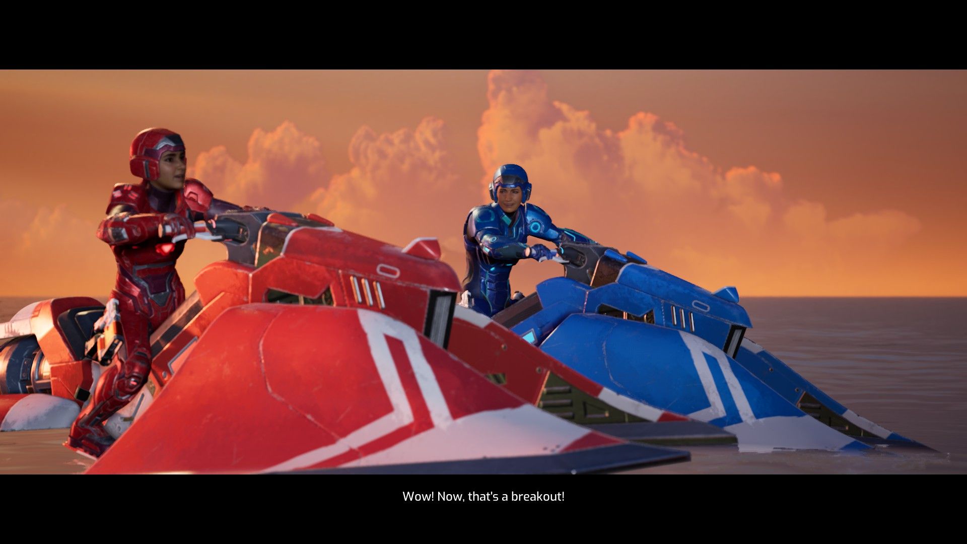 Mio and Zoe rest on jetskis while wearing sci-fi armour. - 5