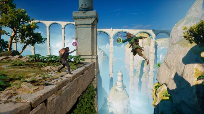 The two player’s reach out for each other’s hands as Zoe is about to fall.