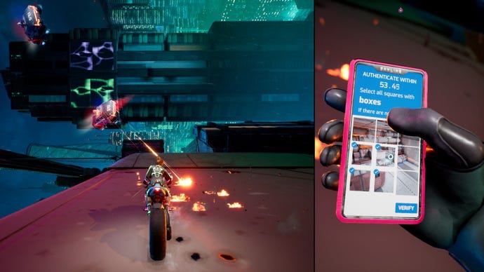 Zoe rides a motorbike arsenic a spaceship shoots astatine her, portion Mio uses a telephone to bash a captcha.