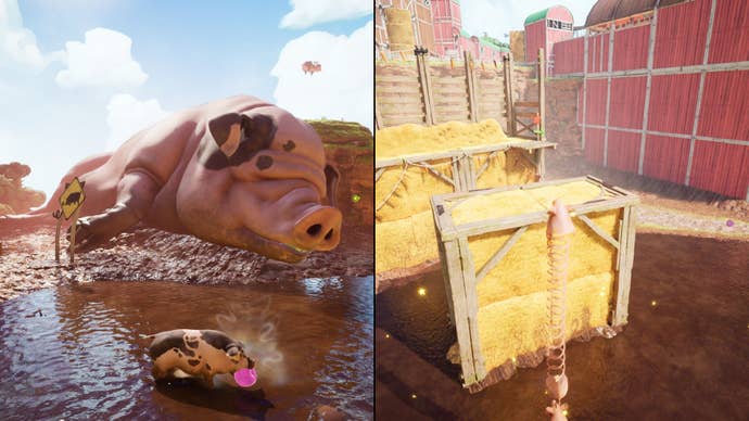 The two players are pigs, the left player is watching a giant sow sleep while the right player’s body is coiled as a spring.