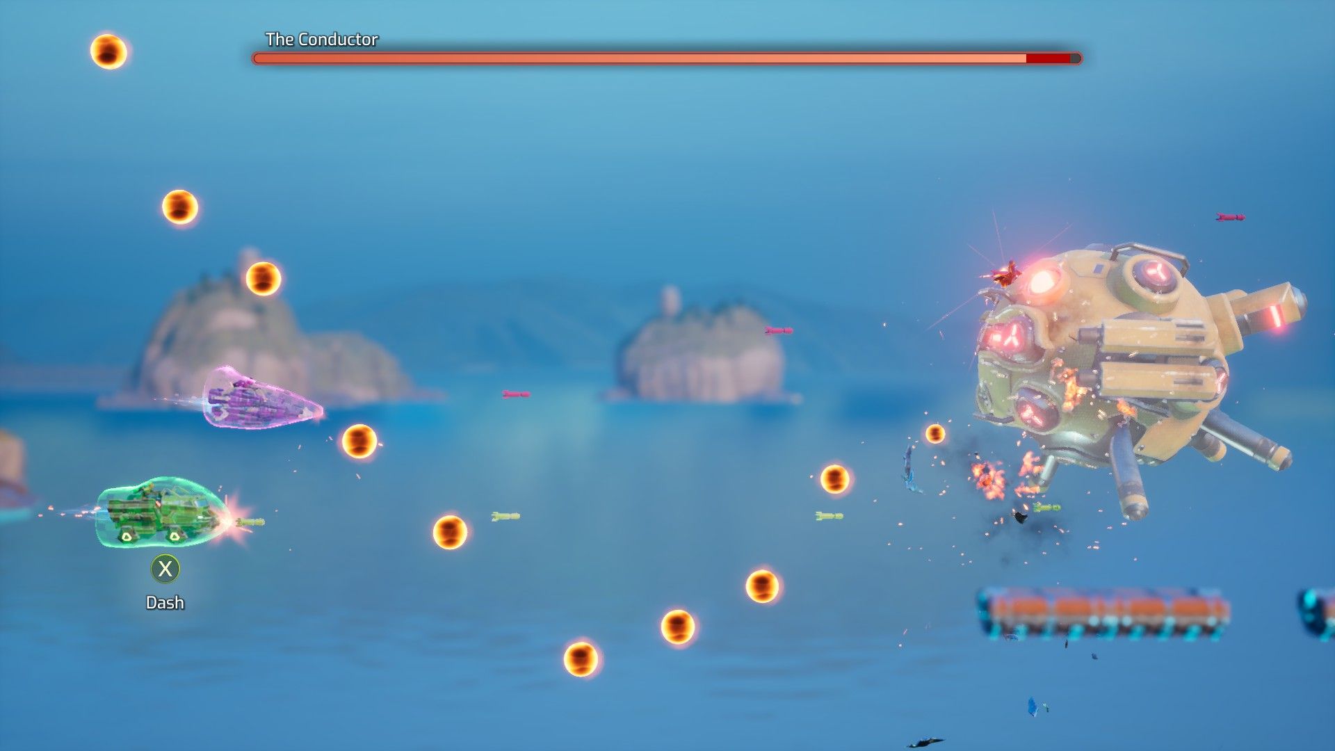 The player pilot spaceships in a side-scrolling shooter, fighting a bobble robot. - 10