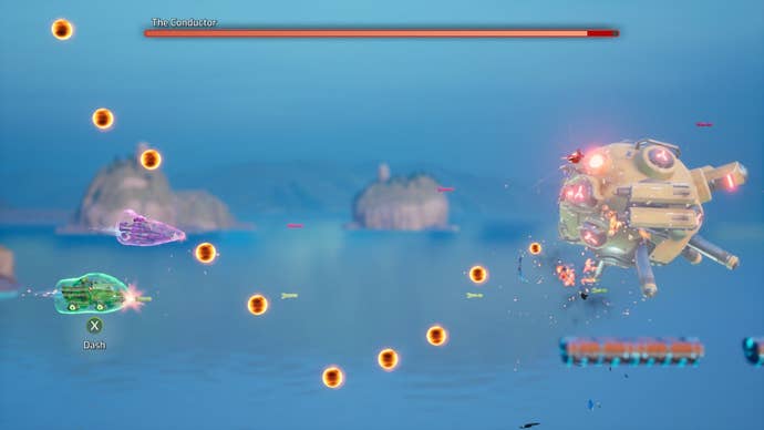 The player pilot spaceships in a side-scrolling shooter, fighting a bobble robot.