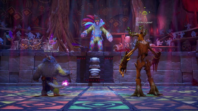The players do a dance off with the monkey king. One of the players is an ape and the other is a giant tree.