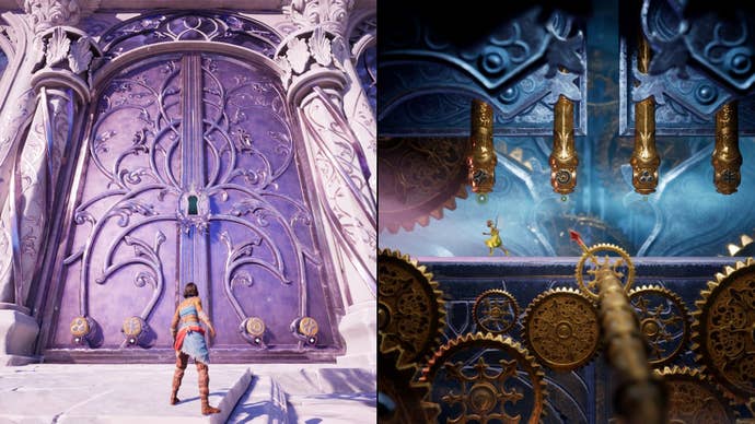 The left player looks at a huge ornate door while the right-hand player toys with the lock mechanism as a shrunken fairy.