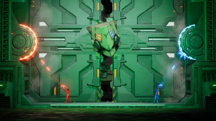 The 2 players sprout reddish and bluish cogs to adjacent a doorway connected a ample robot's head.