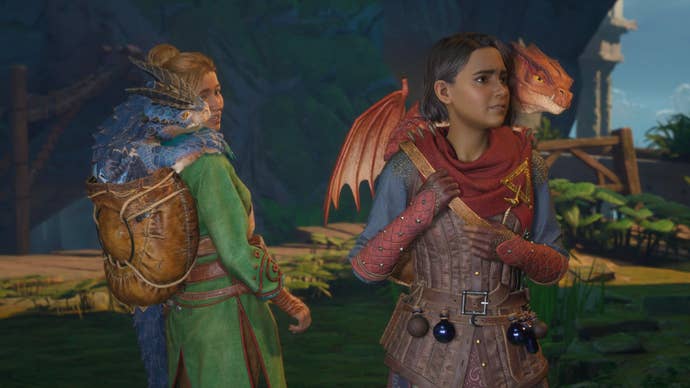Two women look at their dragon companions in Split Fiction.