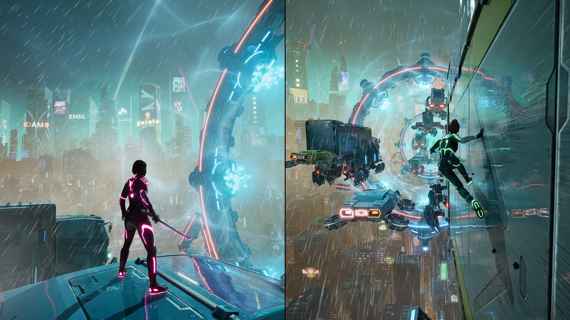 Split screen shot from Split Fiction, featuring a man standing in a futuristic world whilst another wall-runs on a shiny surface. - 3