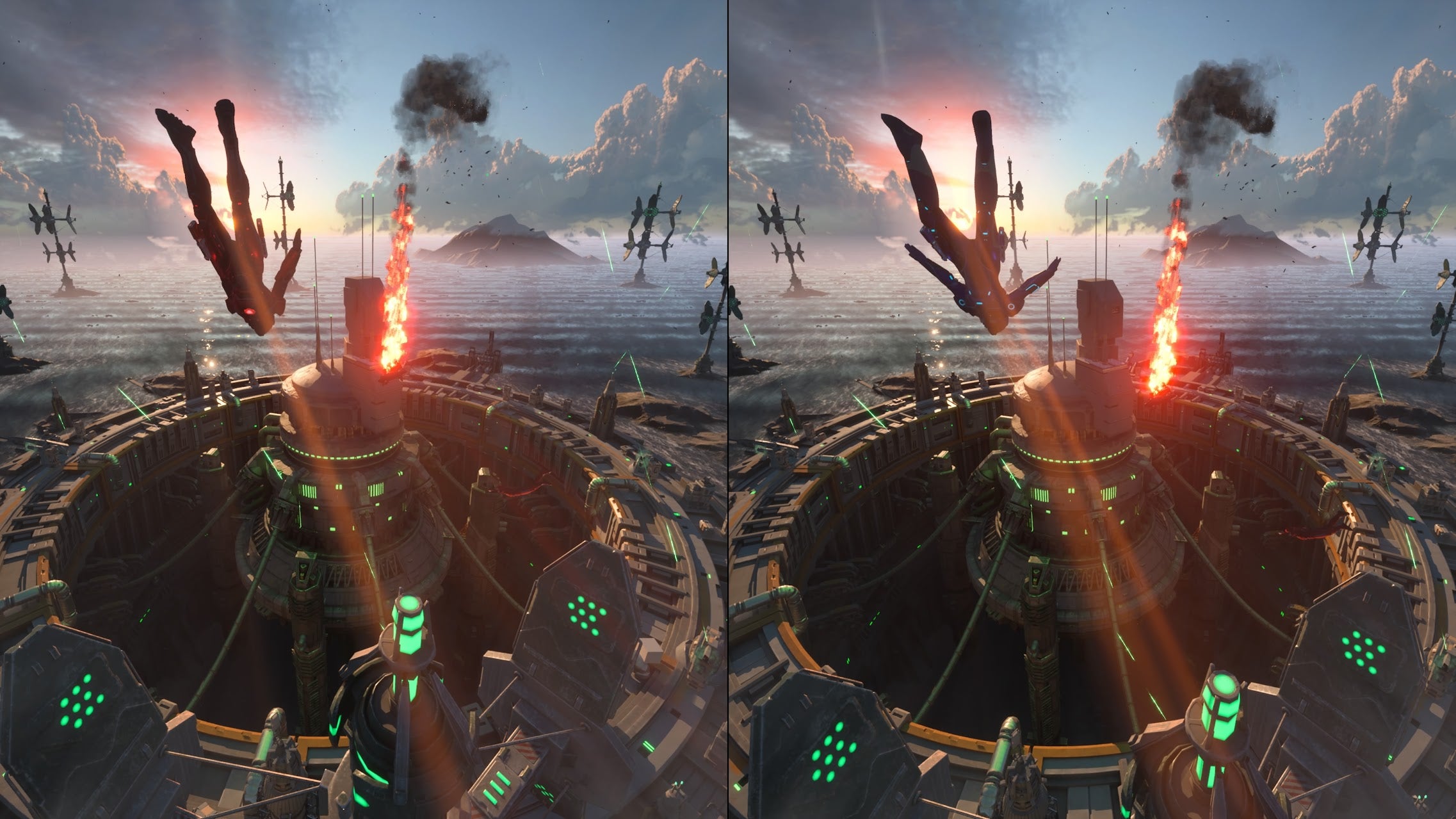 A split-screen screenshot showing an aerial sci-fi scene. Two characters plummet like sky divers - without parachutes - towards a huge circular building in a high-tech metropolis. The sky is alight with explosions around them.