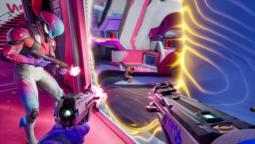 Two players in Splitgate 2 fire their weapons through a portal at enemy players.