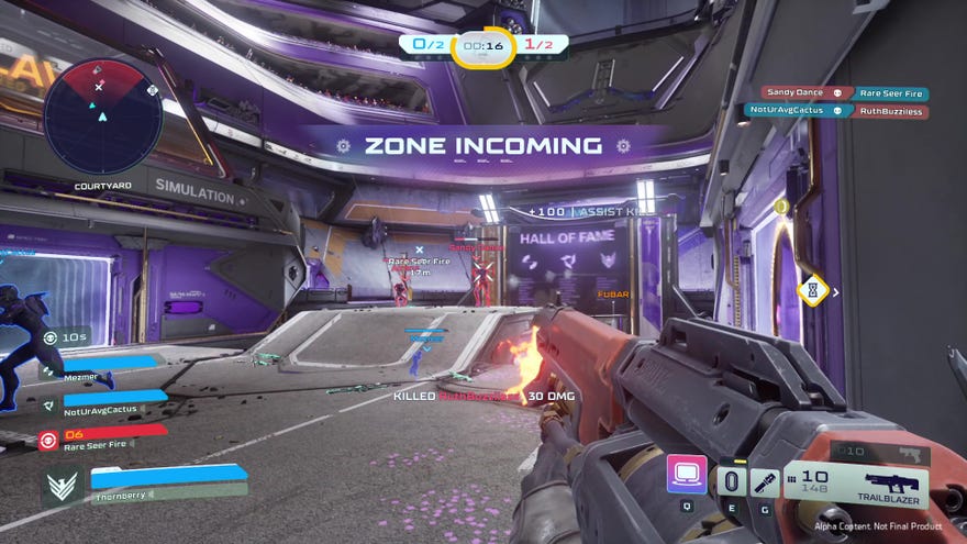 Shooting some enemies with an assault rifle in Splitgate 2’s alpha test.
