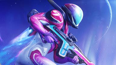 Splitgate 2 artwork showing a player in sleek, curved pink, blue, and white armour running with their gun.