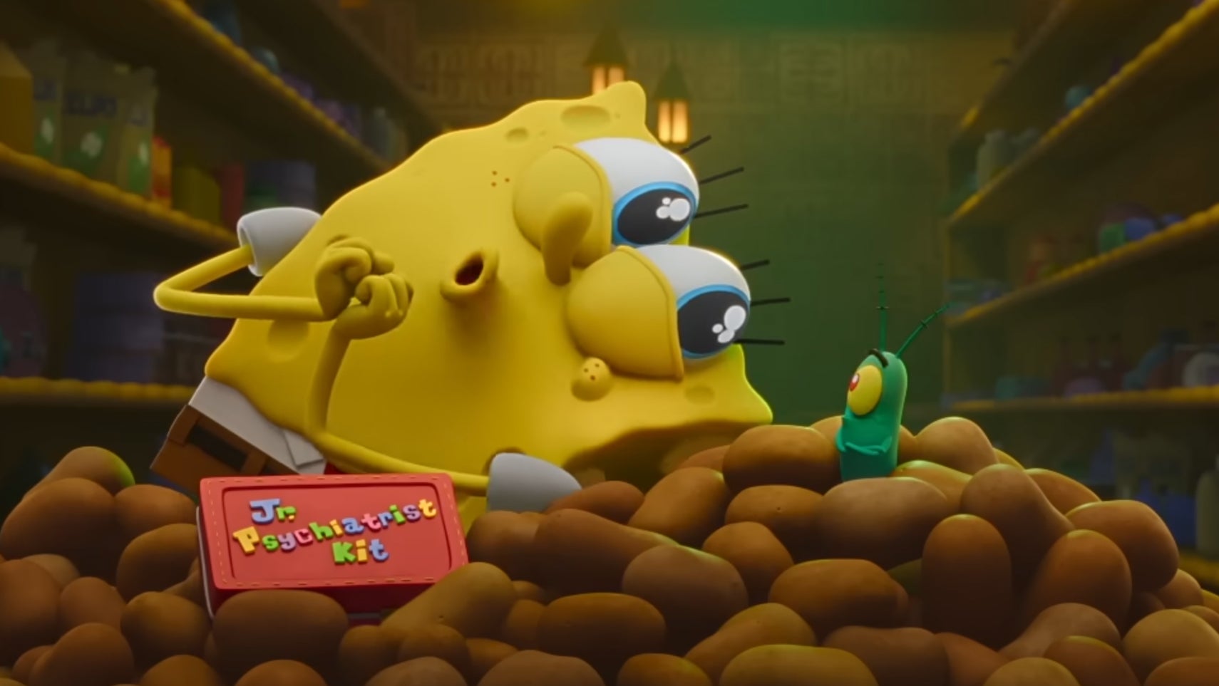 SpongeBob looking cutely and intensely at Plankton, who looks surprise in Plankton: The Movie. - 1