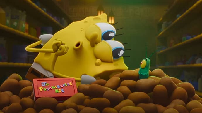 SpongeBob looking cutely and intensely at Plankton, who looks surprise in Plankton: The Movie.