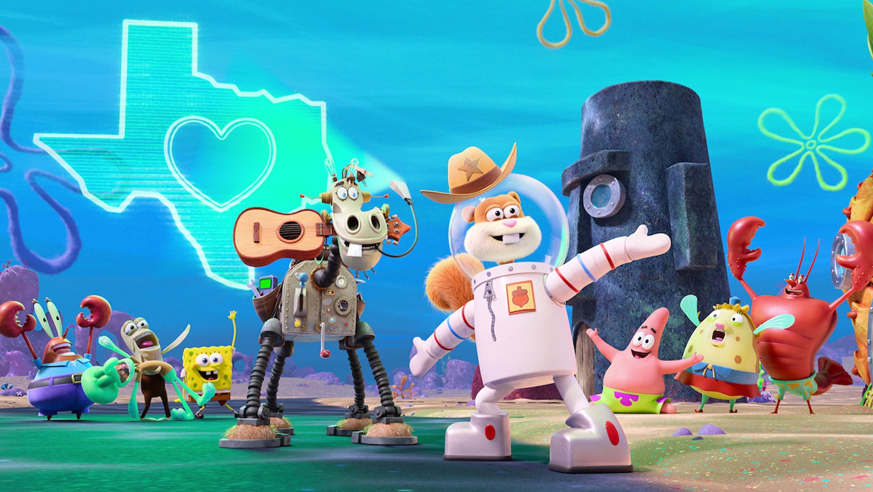 A CG rendering of Sandy Cheeks wearing a cowboy hat, a robot horse behind her with a hologram of Texas behind the both of them, various other SpongeBob SquarePants characters in the background. - 1
