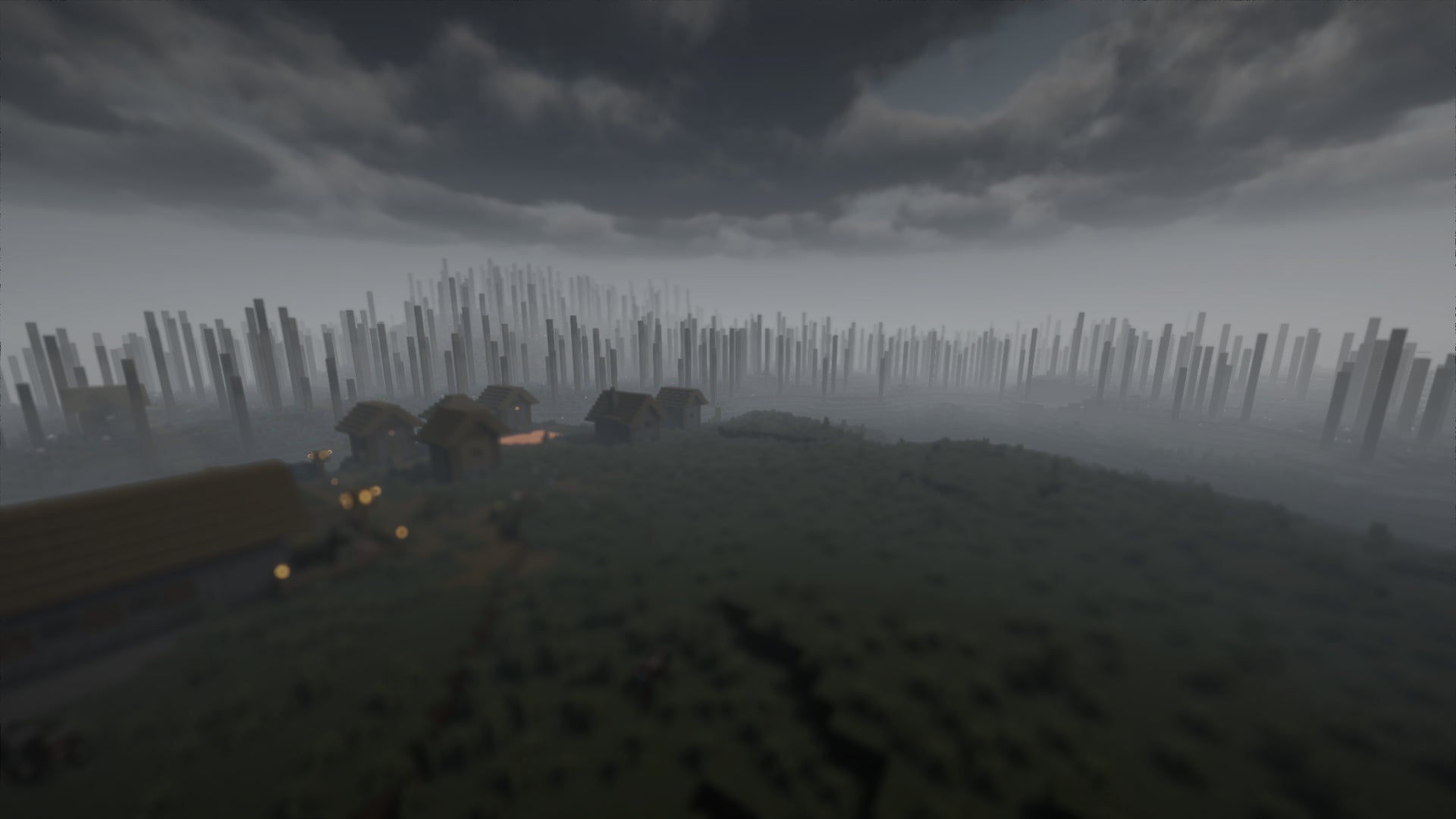 A grove of leafless trees and a village illuminated by the eerie Spooklementary Minecraft shader. - 73