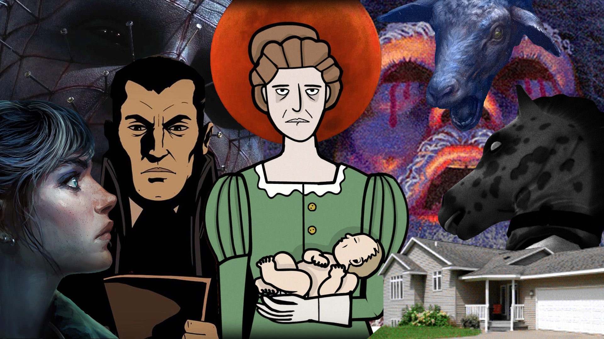 Composite image showing characters and artwork from a variety of spooky games, including Ghost Town, Forbidden Solitaire, Reanimal, Hellraiser Revival, and Servant of the Lake.