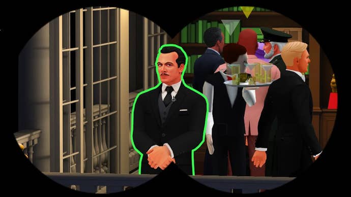 A character in Spy Party - a dapper man in black tie with a thin moustache - stands at a window. He is seen through the binoculars of the sniper outside.