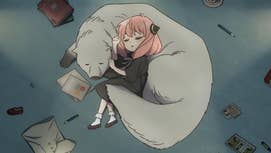 Anya, a young girl with pink hair, is napping on Bond, a big white dog also napping, in promotional art for Spy x Family season 3.