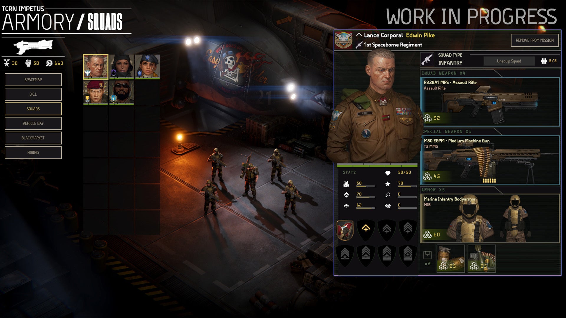 The Armory screen in Menace, showing menus and portraits for soldiers and a backdrop image of people standing around on deck - 4