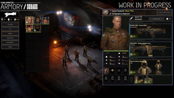 The Armory screen in Menace, showing menus and portraits for soldiers and a backdrop image of people standing around on deck