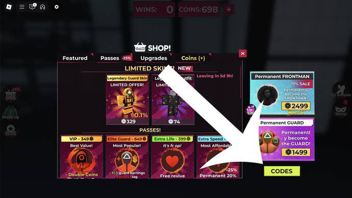 An arrow pointing at the codes button in the Roblox experience Squid Game X.