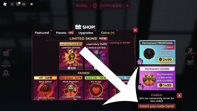 An arrow pointing at the codes menu in the Roblox experience Squid Game X.