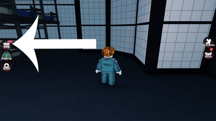 An arrow pointing at the shop button in the Roblox experience Squid Game X.