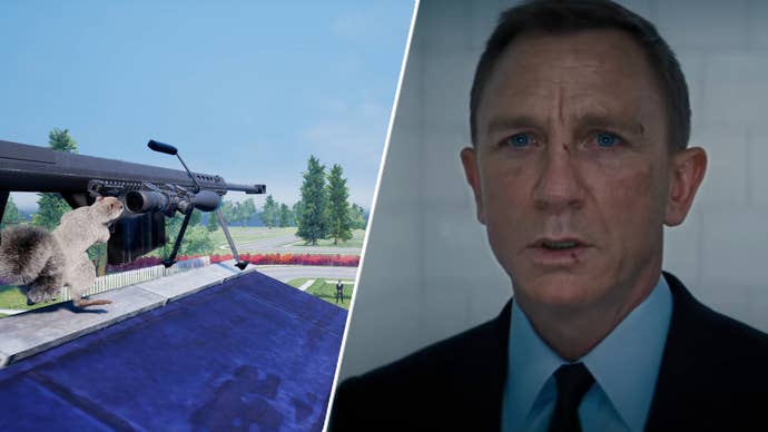 A squirrel with a gun in Squirrel With A Gun next to Daniel Craig as James Bond in No Time To Die.
