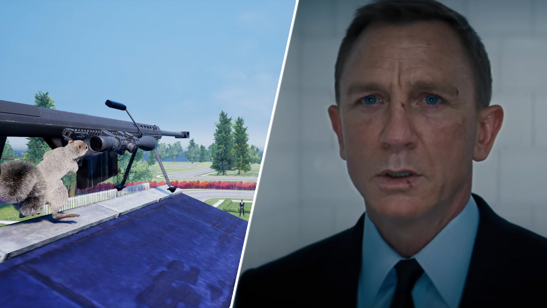 A squirrel with a gun in Squirrel With A Gun next to Daniel Craig as James Bond in No Time To Die. - 1