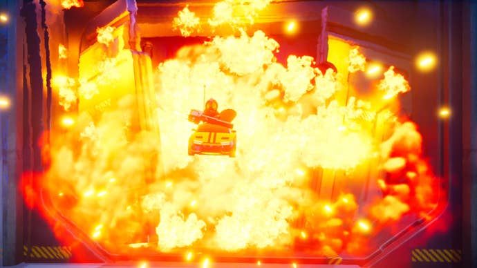 A squirrel with a gun driving a car out of an explosion in Squirrel With A Gun.