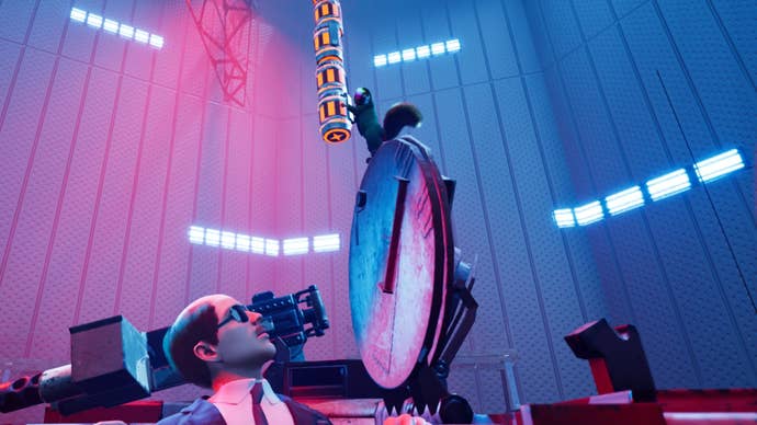 A squirrel dropping some bombs on an agent through a tank hatch in Squirrel With A Gun.