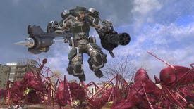 A power suited man with large guns defends earth from ants in Earth Defense Force 6