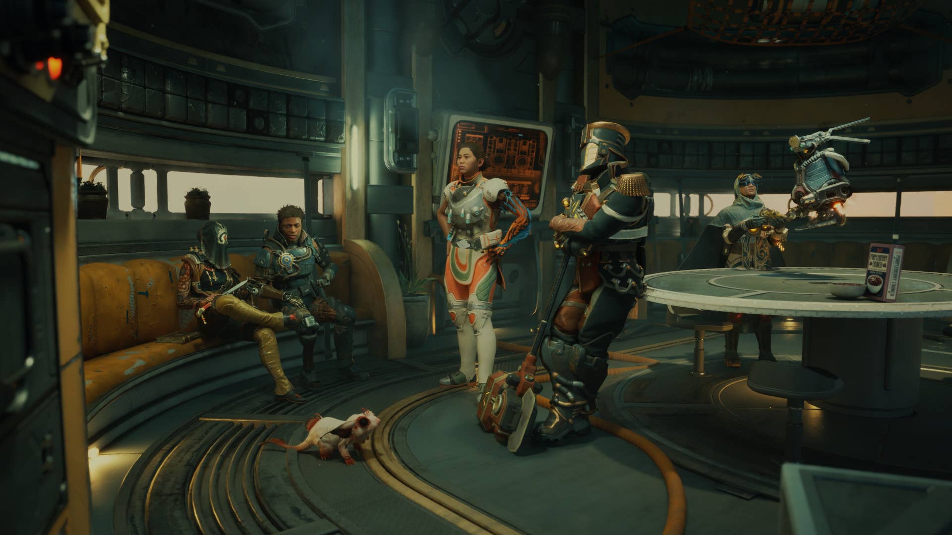 A group of space-suited or sci-fi-armoured characters stand around a circular table inside a spaceship or a building having a chat.