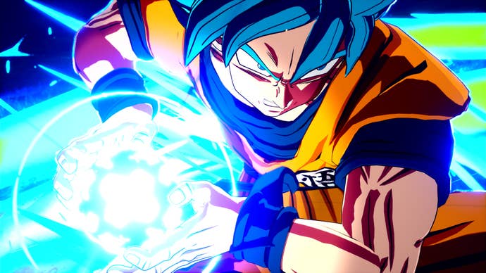 Extreme close up of Goku with ball of energy in Dragon Ball: Sparking! Zero