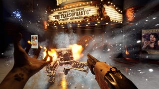 The player using a power and a gun to battle an enemy in Judas.