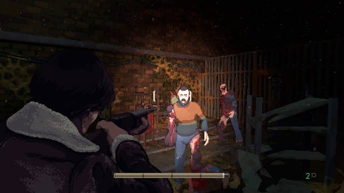 A man aims a shotgun at a zombie in Holstin.