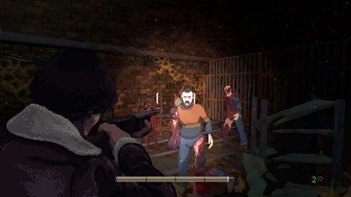 A man aims a shotgun at a zombie in Holstin.