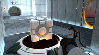 Portal player looks at a cube